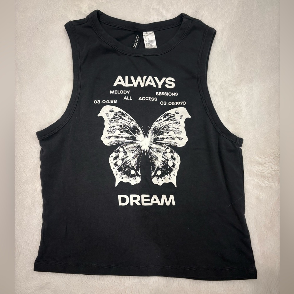 Divided Black Sleeveless Butterfly Graphic Tee